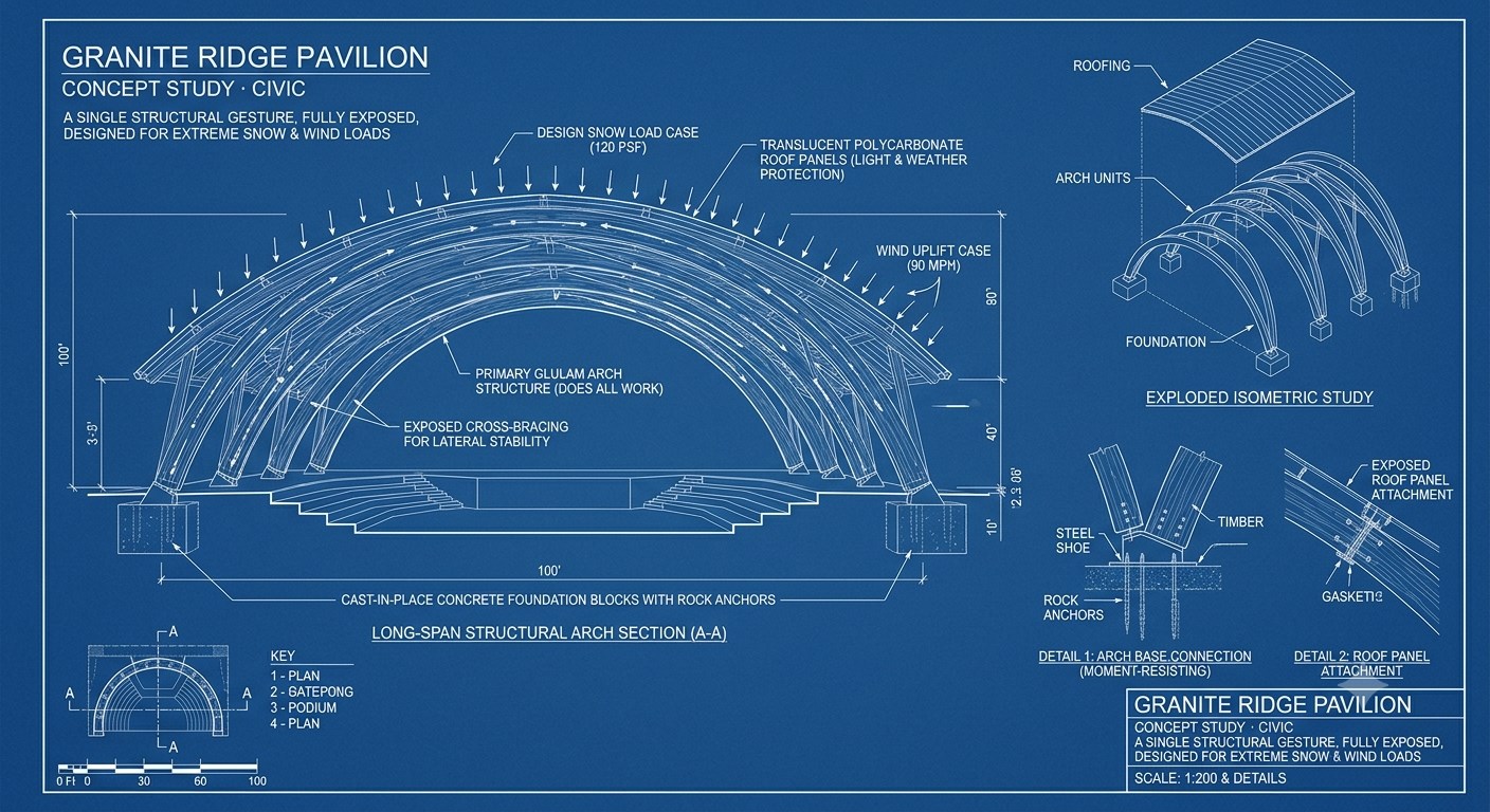 Architectural blueprint of the Granite Ridge Pavilion — long-span structural arch section, roofing detail, and exploded isometric study of a glulam timber arch