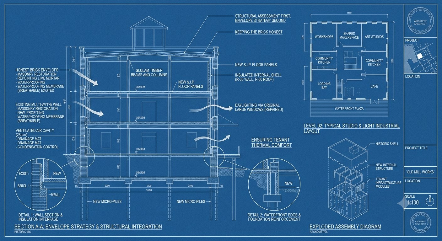 Architectural blueprint of the Old Mill Works adaptive reuse concept — building section, envelope strategy, floor plan, and exploded assembly diagram