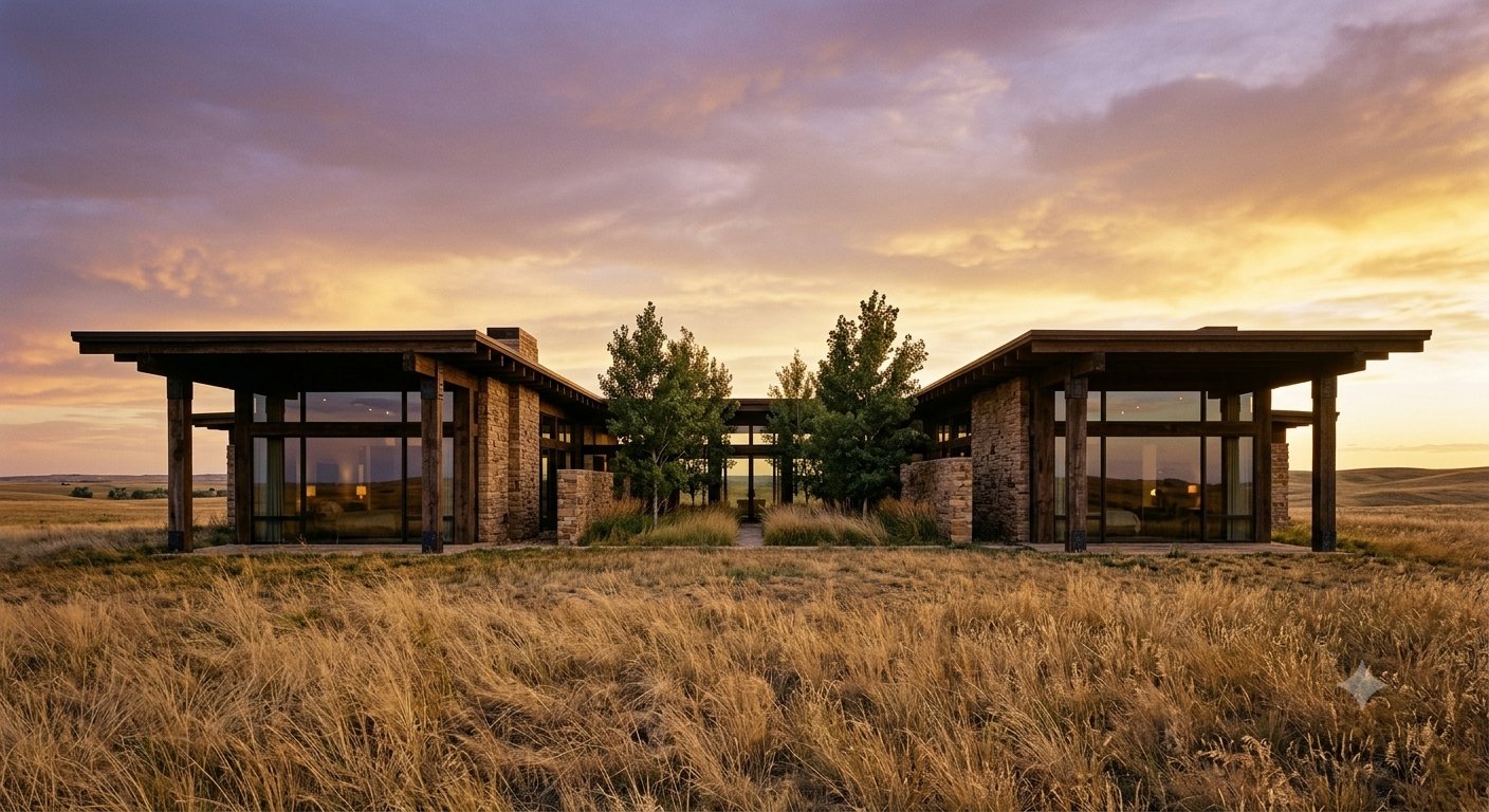 Concept visualization of the Prairie Wind Residence — a timber and stone home in open grassland at sunset
