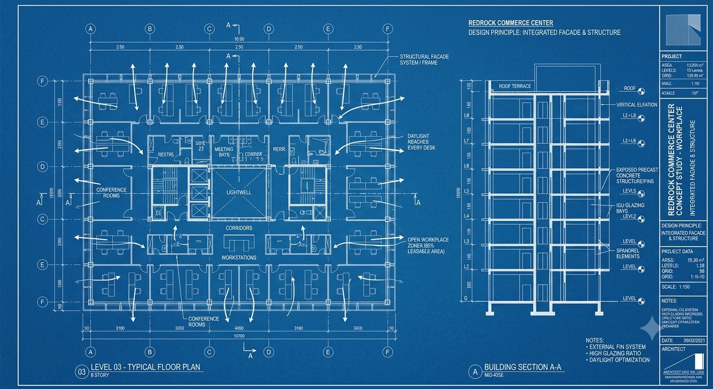 Architectural blueprint of the Redrock Commerce Center — typical floor plan and building section showing an integrated facade and structure with daylight optimization
