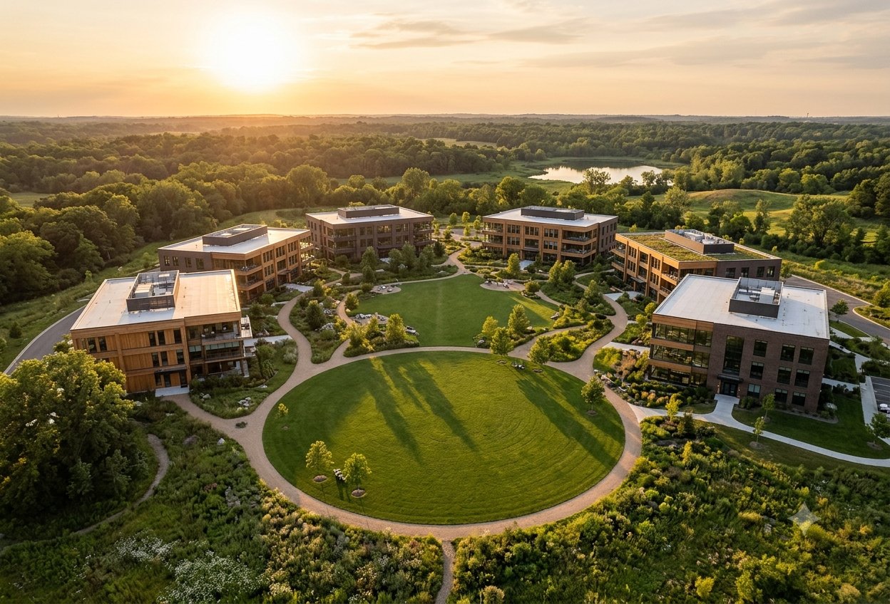 Concept visualization of the Trailhead Campus — an aerial view of low-rise buildings arranged around a circular green commons at sunset